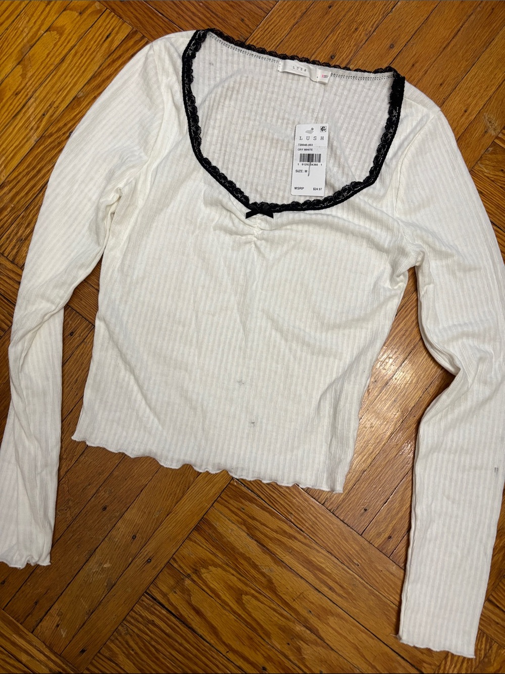Lush Cream Ribbed Long-Sleeve Top with Black Lace Trim
